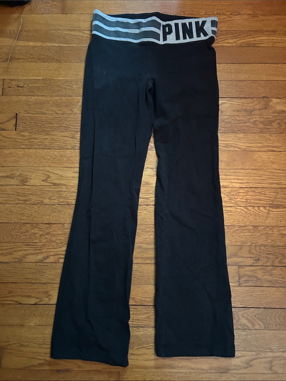 PINK Victoria’s Secret Wide-Leg Black Lounge Pants with Gray Logo Waistband